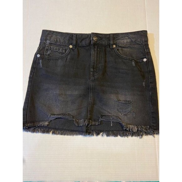 We The Free FP Women Denim Mini Skirt 6 Black Wash Cotton Fringe Distressed Boho - Picture 1 of 7